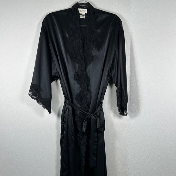 Vintage Victoria's Secret Gold Label Black Satin Lace Long Robe Size S